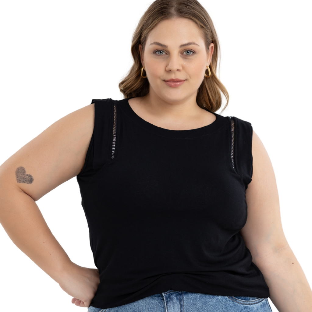 Blusa Regata Lisa Feminina Casual Visco Lycra Detalhes e Renda Moda Plus Size Primavera Verão 40824A