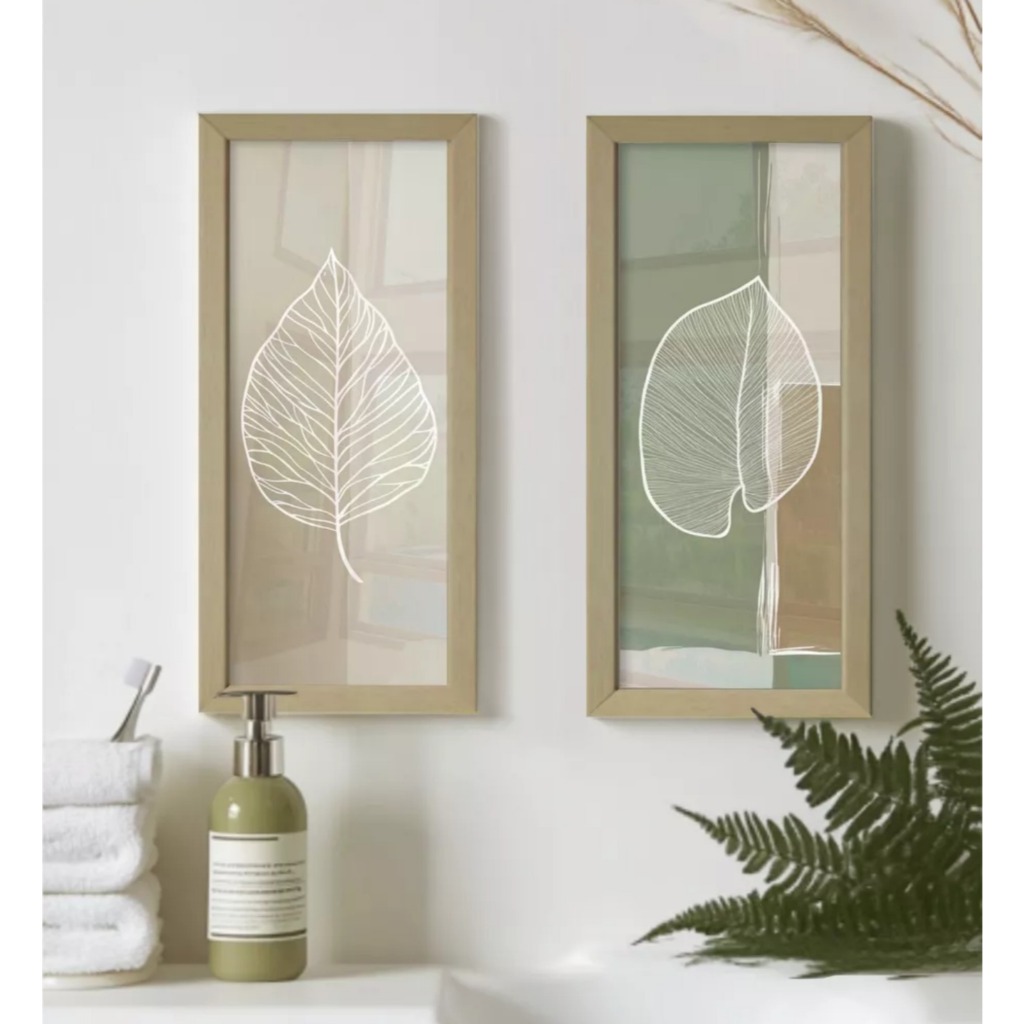 Kit 2 Quadro Decorativo Sala Para Banheiro Lavabo Cozinha Quarto Parede Folhas Verde Vidro...