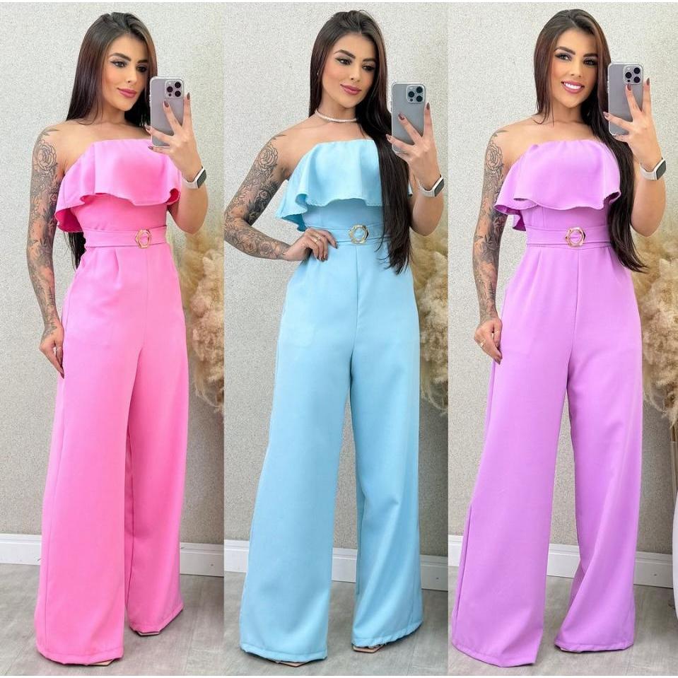 Macacão Longo Feminino Pantalona Alfaiataria luxo Com babado e cinto Tendência verão em Oferta na Shopee