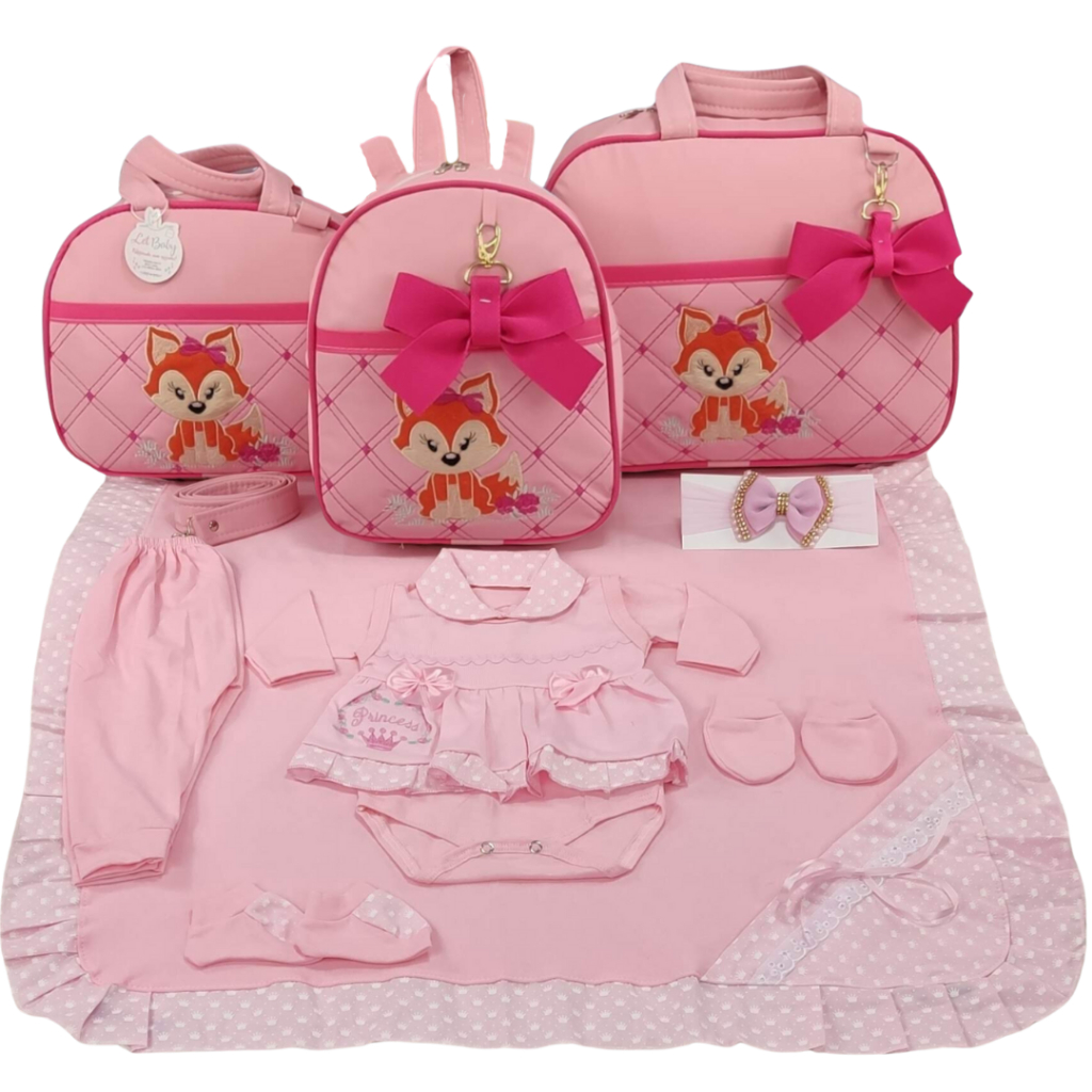 Kit Bolsa Maternidade 3 Peças Raposa Varias Cores + Saida Maternidade Menina