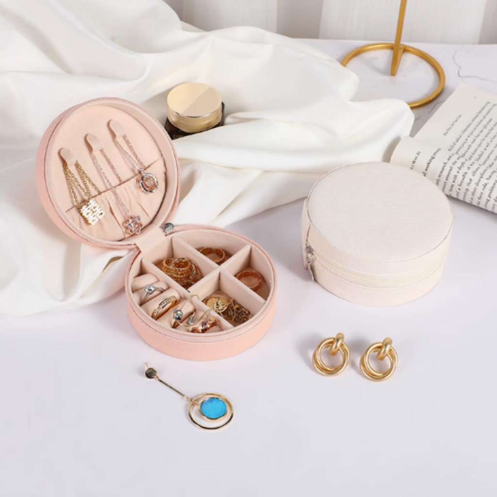 Caixa de armazenamento de jóias, anel, brincos, colar, zíper redondo, mini CYC900902