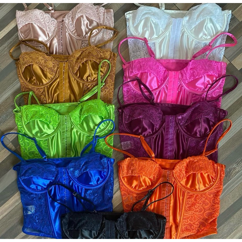 Corselet Cropped Acetinado Corset Renda Feminino Com Regulador em Oferta na Shopee