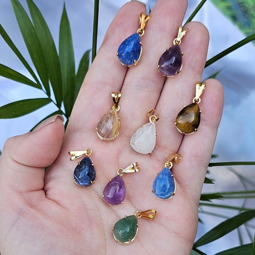 Pingente de Pedra Natural Gota Dourado