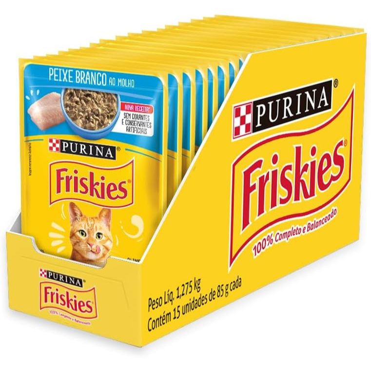 Caixa Ração Úmida Friskies Para Gatos Adultos Sabor Peixe Branco Ao Molho - Com 15 Sachês 85g