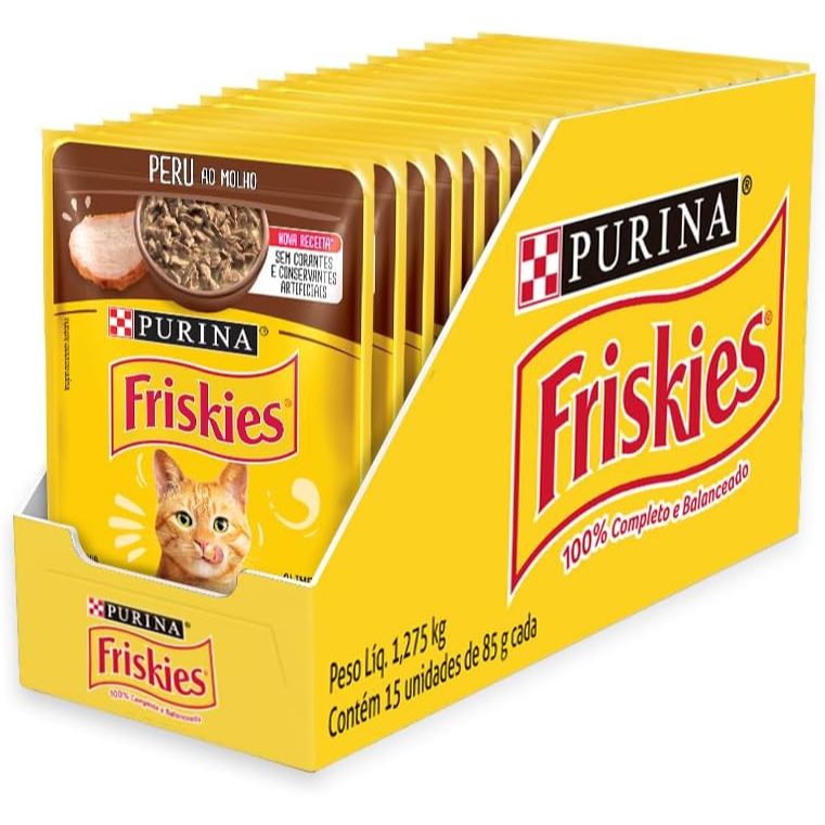 Caixa Ração Úmida Friskies Para Gatos Adultos Sabor Peru Ao Molho - Com 15 Sachês 85g