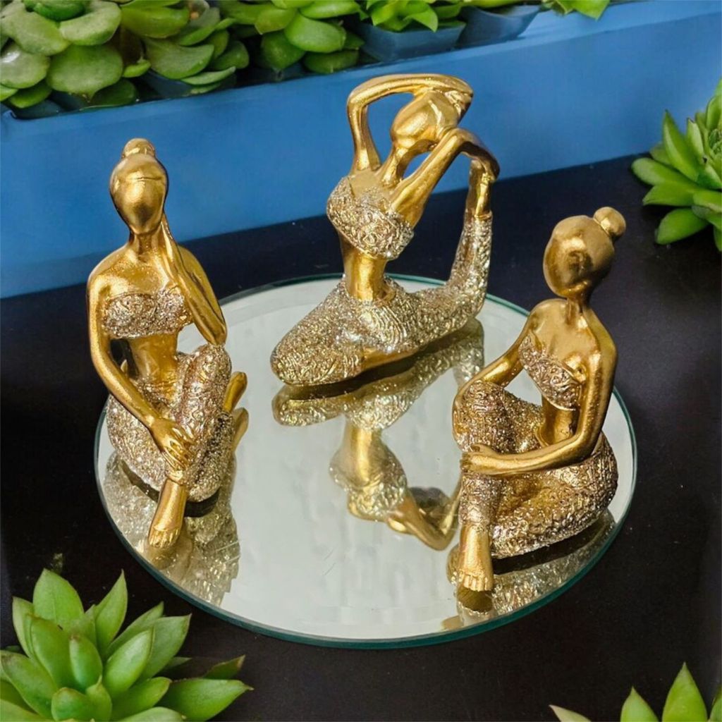Imagem Kit C/3 Estátuas Decorativo Posições De Yoga 6cm + Bandeja Espelhada Meditação Enfeite