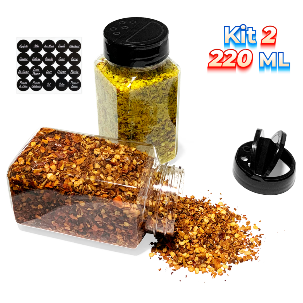 Potes para Sal Parrilha Condimentos Temperos Cozinha 220ml Tampa Dupla Reforçada e Etiquetas 2 Un