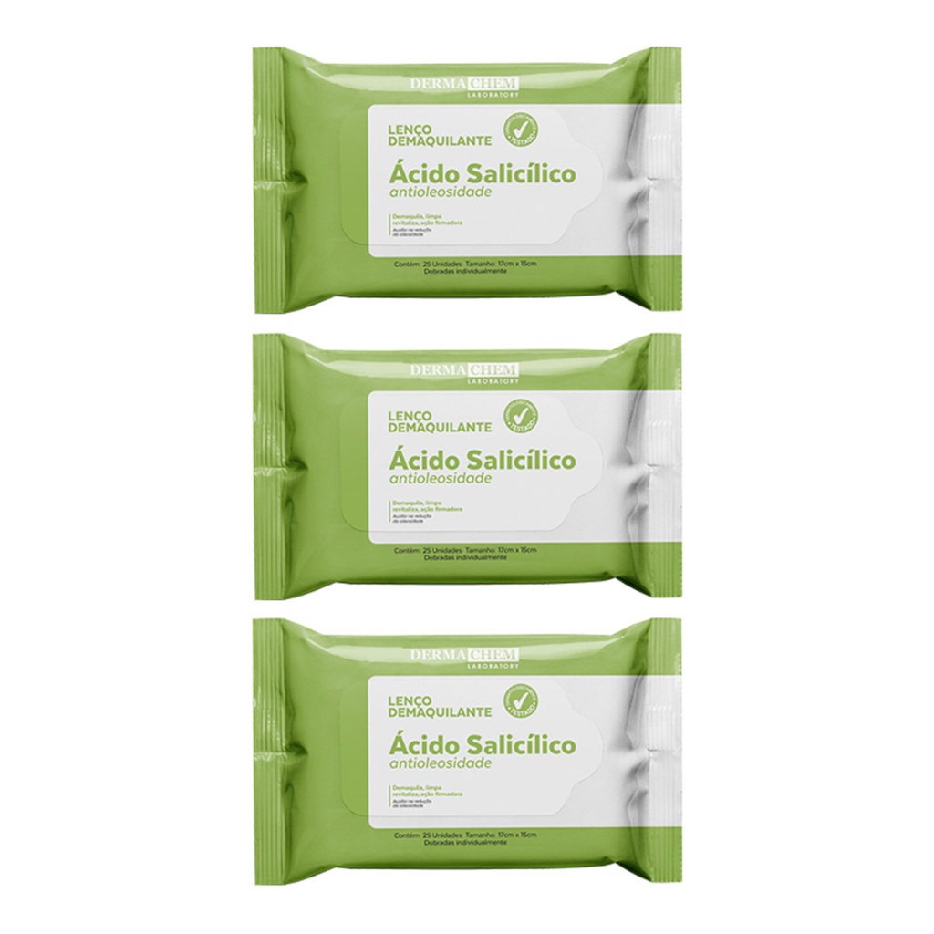 Kit Dermachem 3un Lenço Demaquilante Ácido Salicílico - 25 Unidades por Pacote