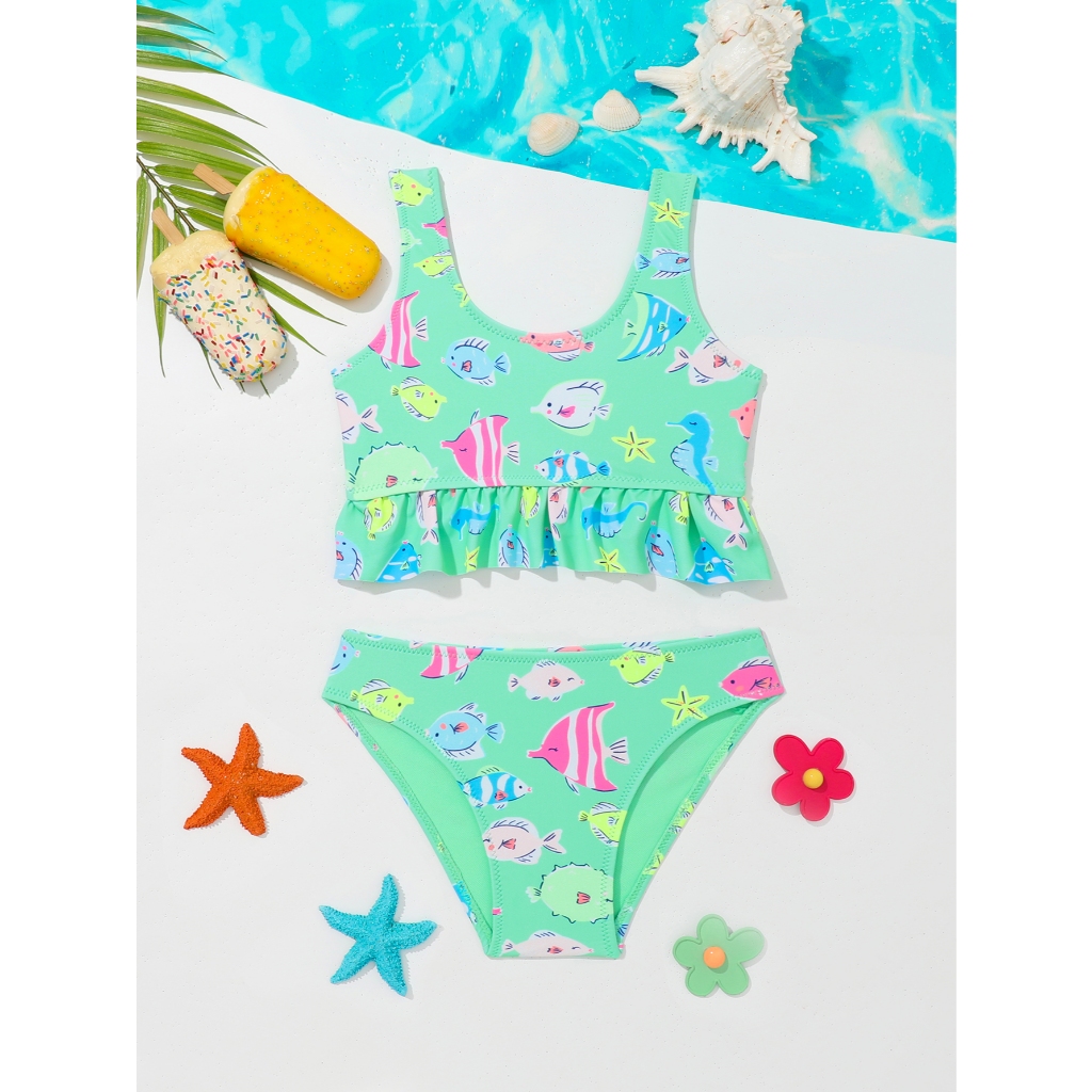 HT VEST Conjunto de Praia Infantil Feminino com Estampa de Peixes Diversão e Estilo para as Pequenas Aventureiras! B3039