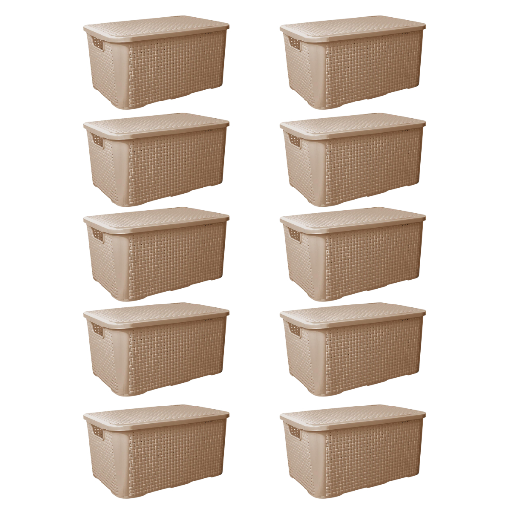 Kit com 10 Caixas Organizadoras Grande Rattan Com Tampa 18 Litros
