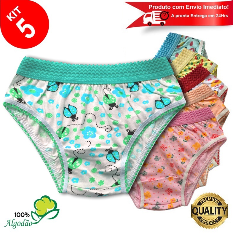 Kit 5 Calcinhas Infantil Algodão Cós Elástico Estampada Menina