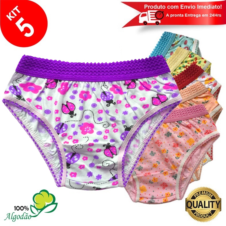 Kit 5 Calcinhas Infantil Algodão Cós Elástico Estampada Menina