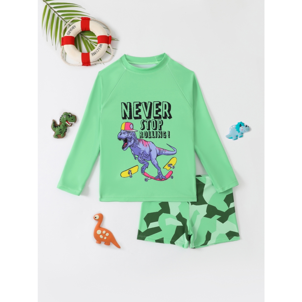HT VEST Conjunto de Praia Infantil Masculino com Estampa de Dinossauro Skatista – Estilo Radical para o Verão! i3066