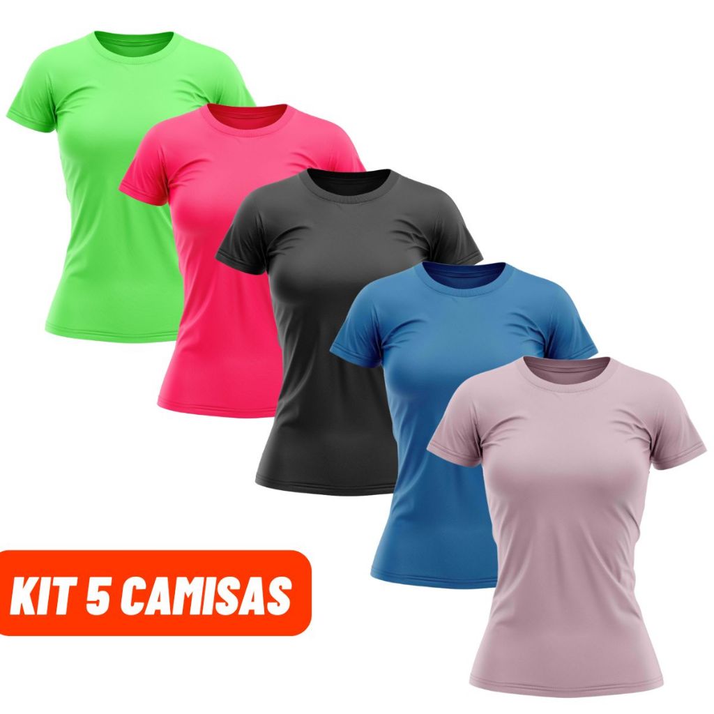 Kit 5 Camisas Feminina Proteção UV Camiseta Segunda Pele Manga Curta Praia Piscina Sol