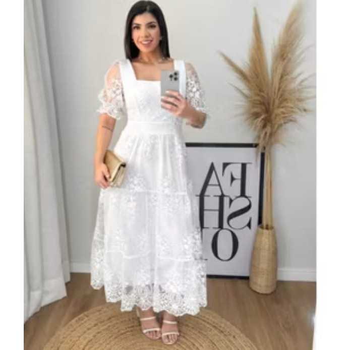 VESTIDO MIDE  DE TULI BORDADO MODA EVANGELICA em Oferta na Shopee