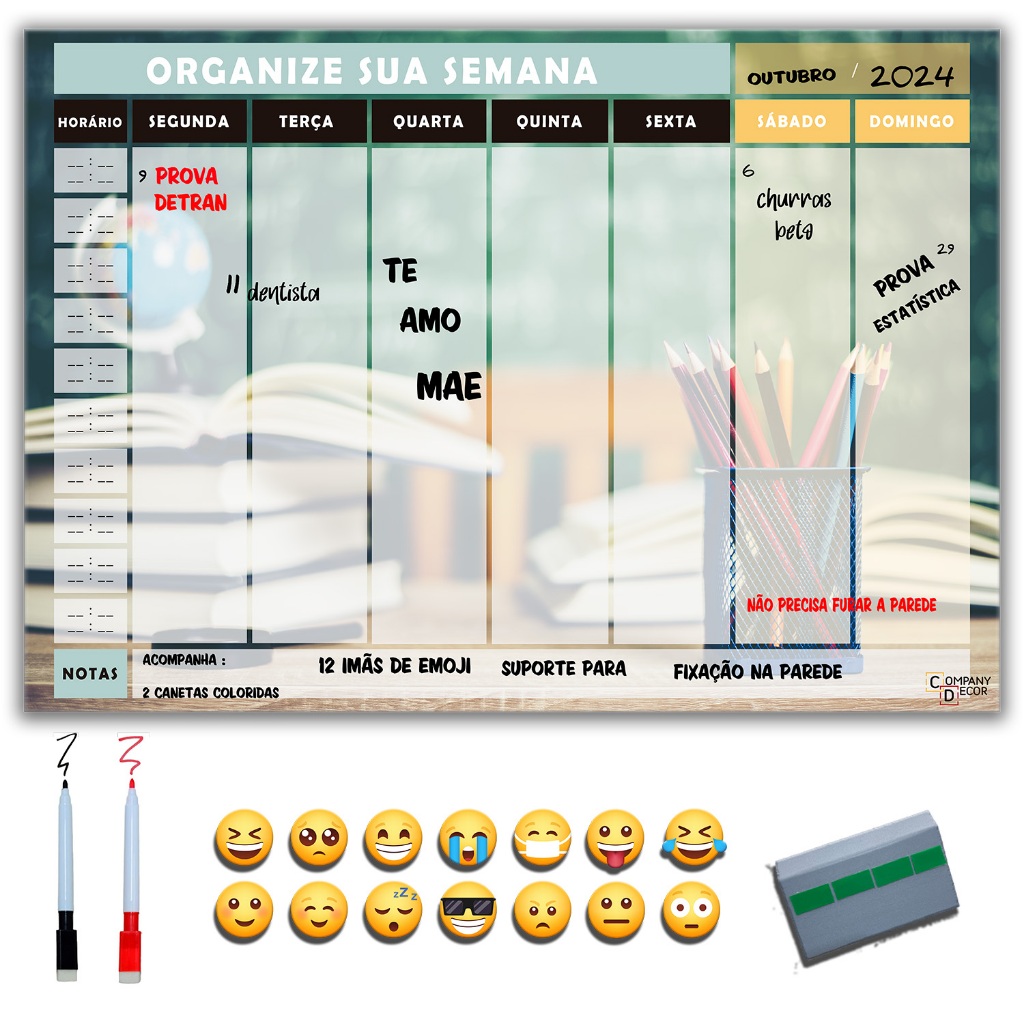 Quadro Planner Agenda Lousa Quadro Lousa Planejador Mensal Planejamento Semanal Planner 40x60 metal  2 CANETAS E 12 iMÃS