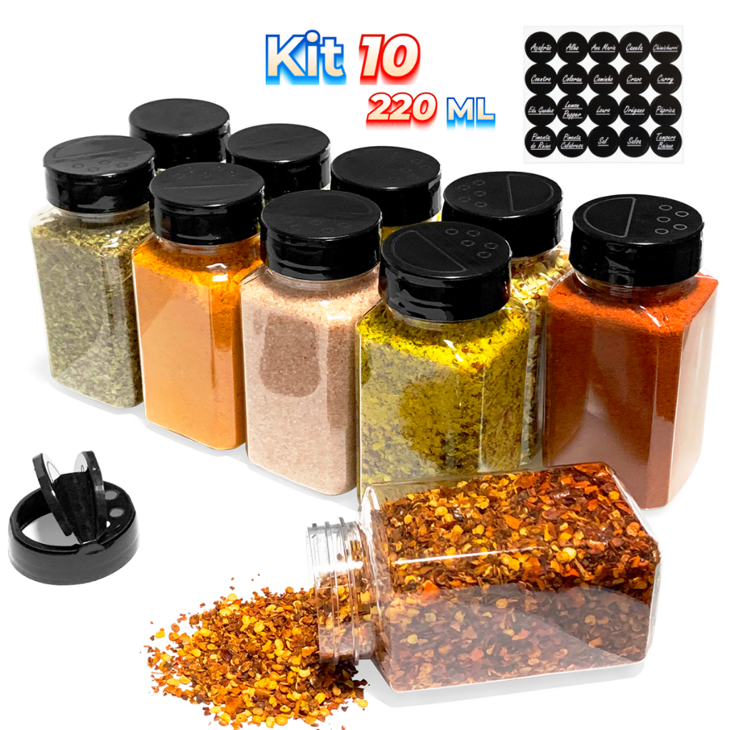 10 Potes Temperos Sal Parrilha Condimentos Cozinha 220ml Tampa Dupla Etiquetas - Envio Imediato