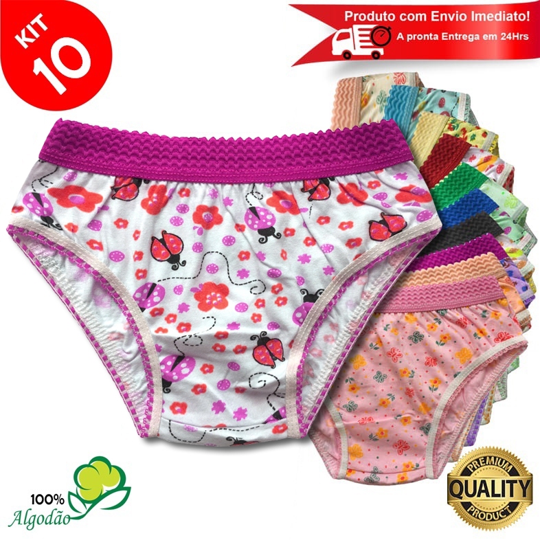 Kit 10 Calcinhas Infantil Algodão Estampada Cós Elástico Menina