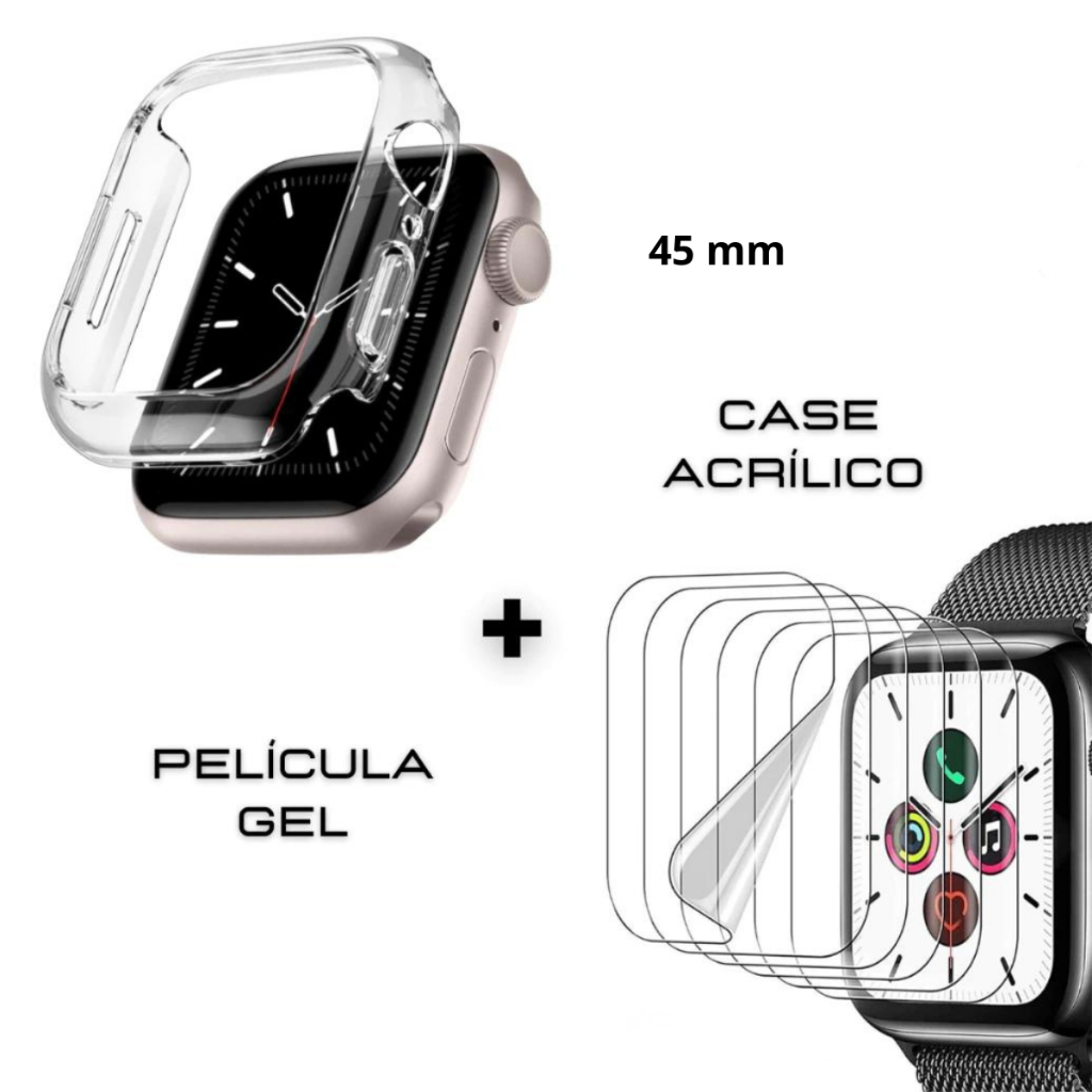 Kit Case Acrílico + Película Silicone Protetora Para Smartwatch 41mm 45mm 49mm