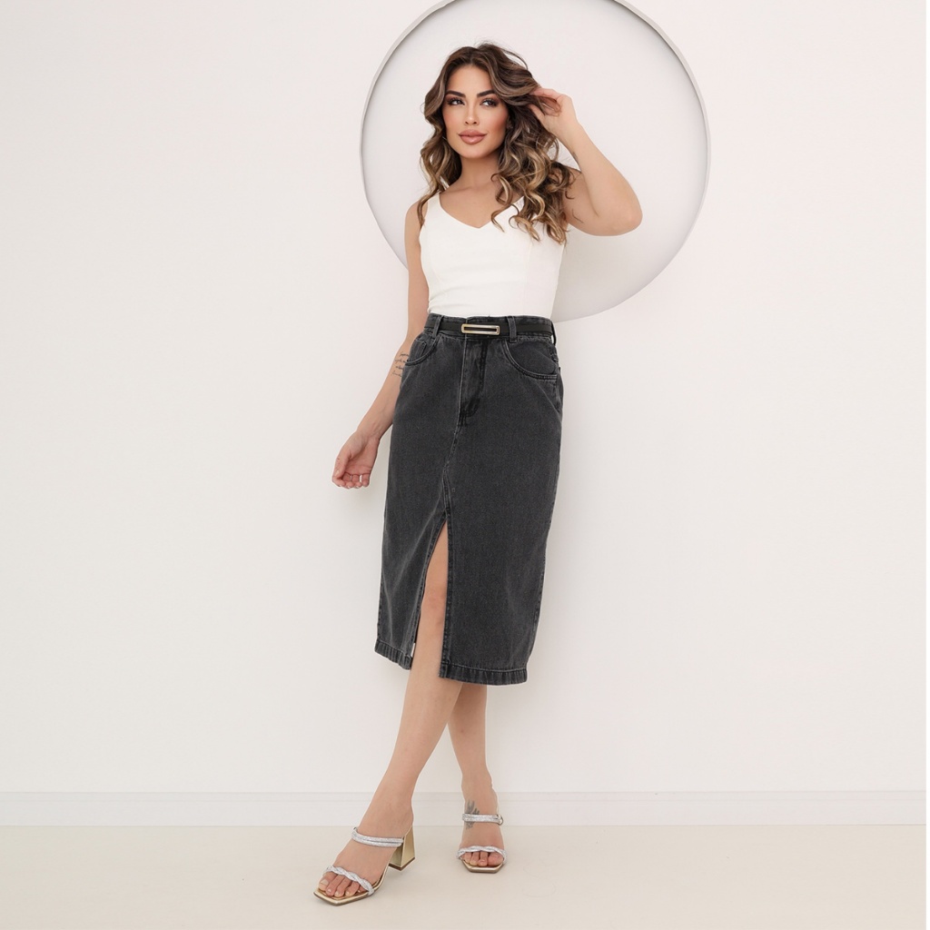 Saia jeans midi com fenda acompanha cinto feminino em Oferta na Shopee