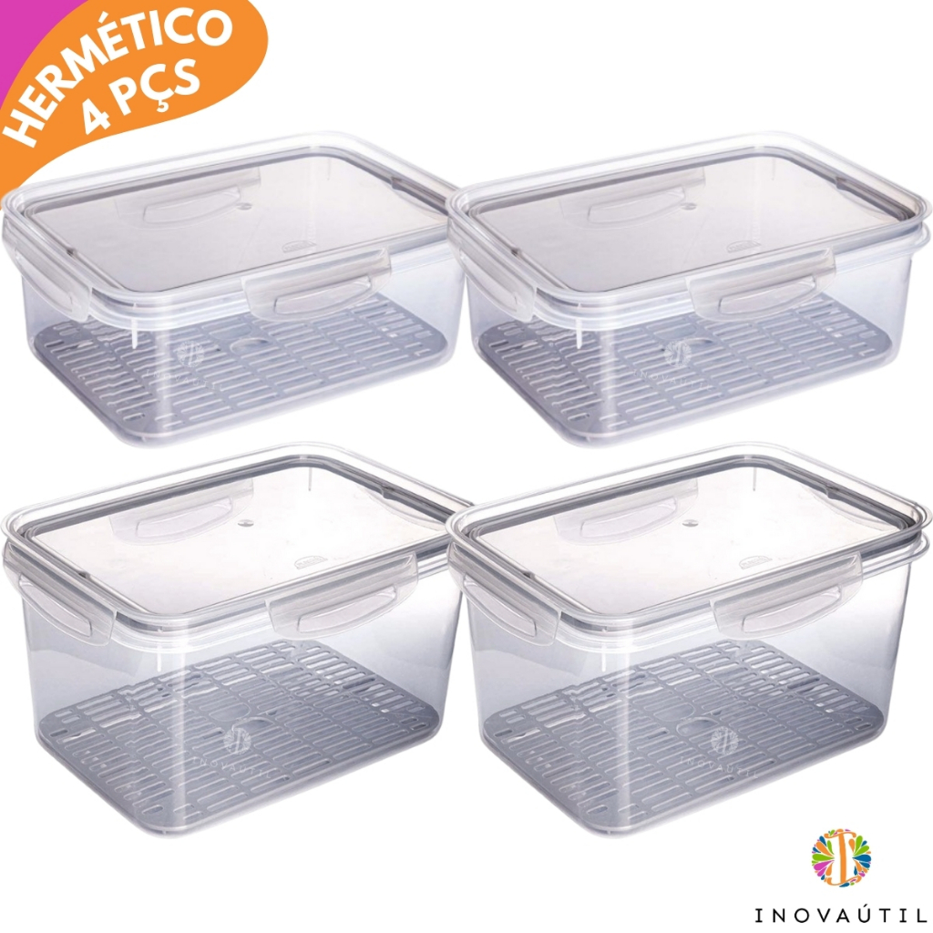 Kit 4 Potes Hermético Retangular C/Escorredor 4L e 2,6L Tampa e Travas Transparente Vedação Silicone