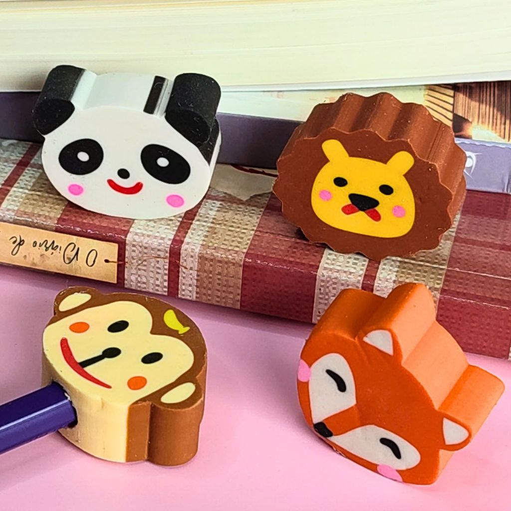 Detalhes do 32 Borrachas Escolar Ponteiras Yins Bichinhos Raposa Panda leão Macaco YINS PAPER