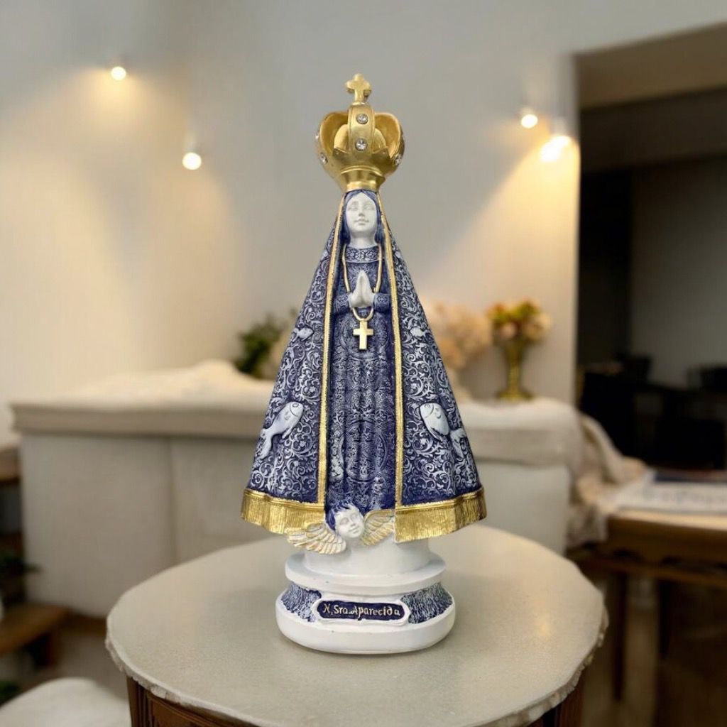 Imagem Nossa Senhora Aparecida 17 cm com Azul com Dourada Detalhes dos Peixes no Manto Resina Importada Pintura a Óleo