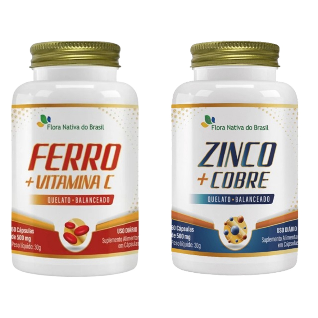 Ferro Quelato, Vitamina C 60 Cápsulas + Zinco Cobre Quelato 60 Cápsulas