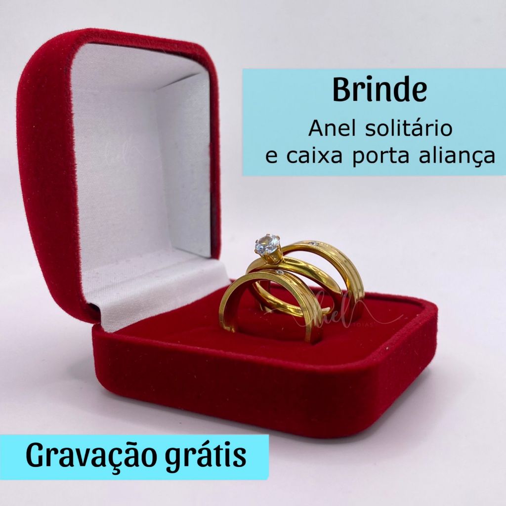 Aliança 2 Fios Pedra 6mm Banhada A Ouro 18K Anel Solitário Porta Aliança Gravação Noivado Casamento