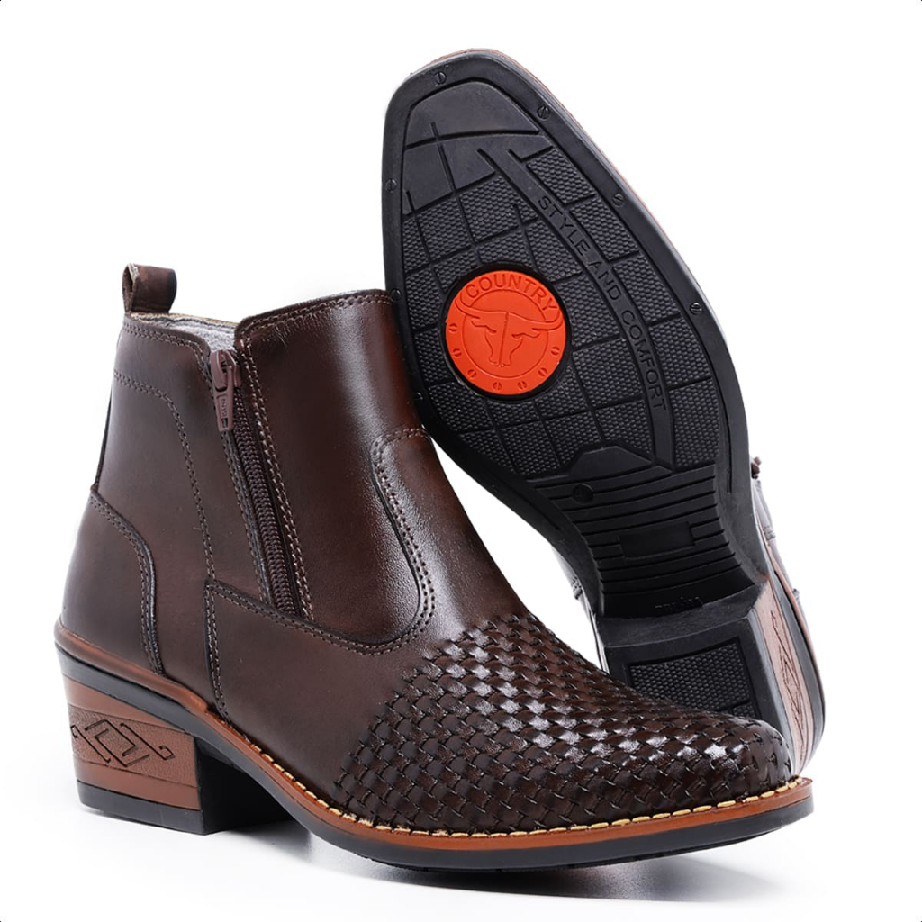 Bota Masculina Country Texana Couro Botina Cano Curto Trice Ziper — imagem 2 de 2