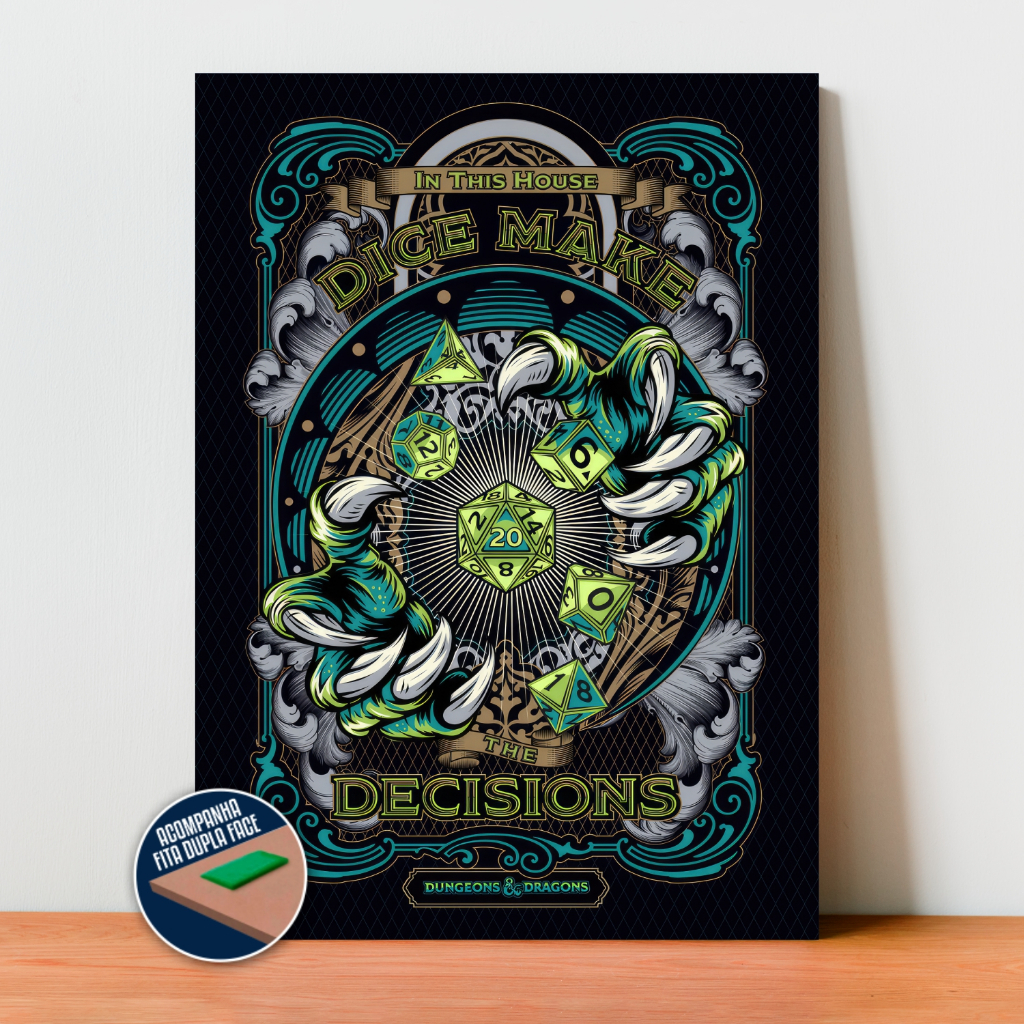 Quadro Placa Decorativa Dados Dungeons and Dragons em MDF com 28x20 cm