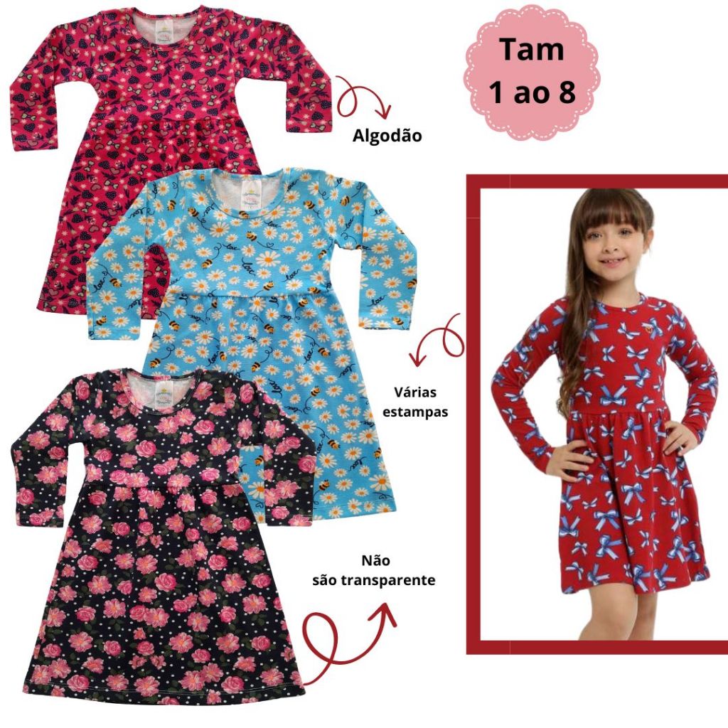 3 Vestido Infantil Manga Longa Inverno Roupa de Menina em Cotton Tamanho do 1 ao 8