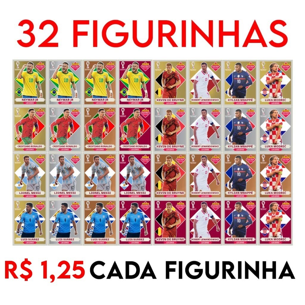 KIT 32 Figurinhas Legend Copa Qatar 2022 Linha Premium - cartelas completas todas figurinhas