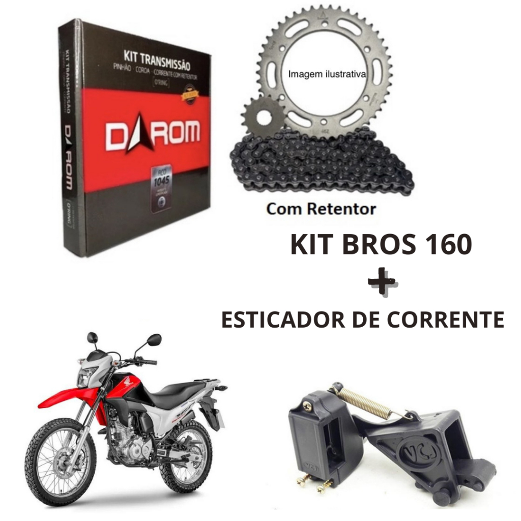 Kit Relação Honda BROS 160 E 150 + Esticador de Corrente Com Retentor Duração Até 15MIL KM