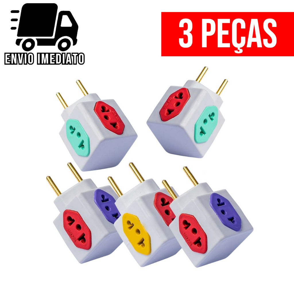 Imagem Kit 3 Adaptador de Tomada Cubo Colorido Benjamin 4 Entradas Universal 10A 20A