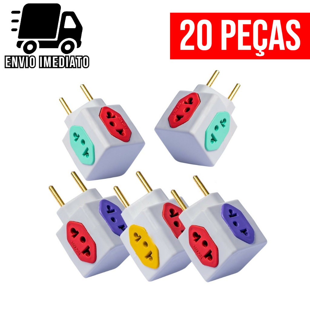 Imagem Kit 20 Adaptador de Tomada Cubo Colorido Benjamin 4 Entradas Universal 10A 20A