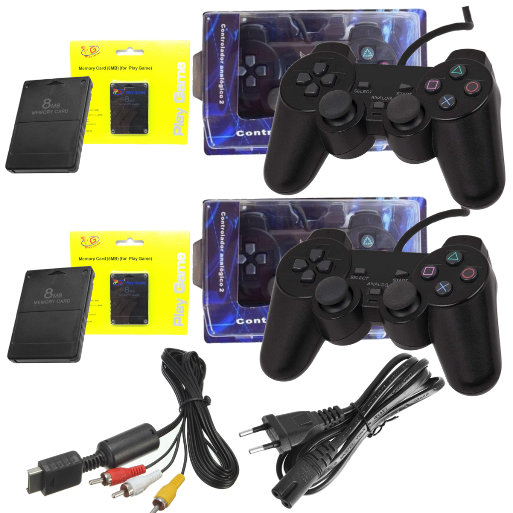 Kit 2 Controle Ps2 Joystick + 2 Memory Card + Cabo Av + Cabo Força Playstation 2 Manete em Oferta na Shopee