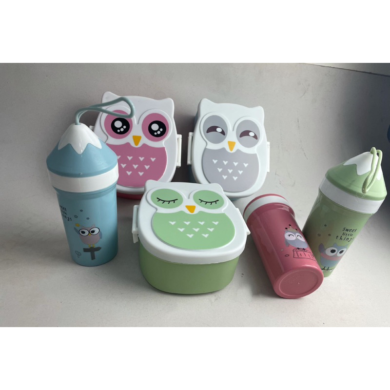 Pote Lancheira Marmita Coruja Infantil C/Talher + Garrafa 300ml