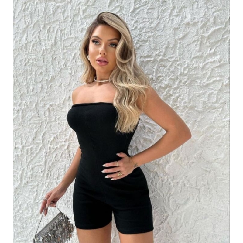 Macaquinho Macacão  Feminino Moda Gringa Tomara que Caia Shorts Curto Anarruga