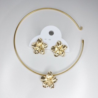 Colar chocker + brincos conjunto folheado dourado - Flor
