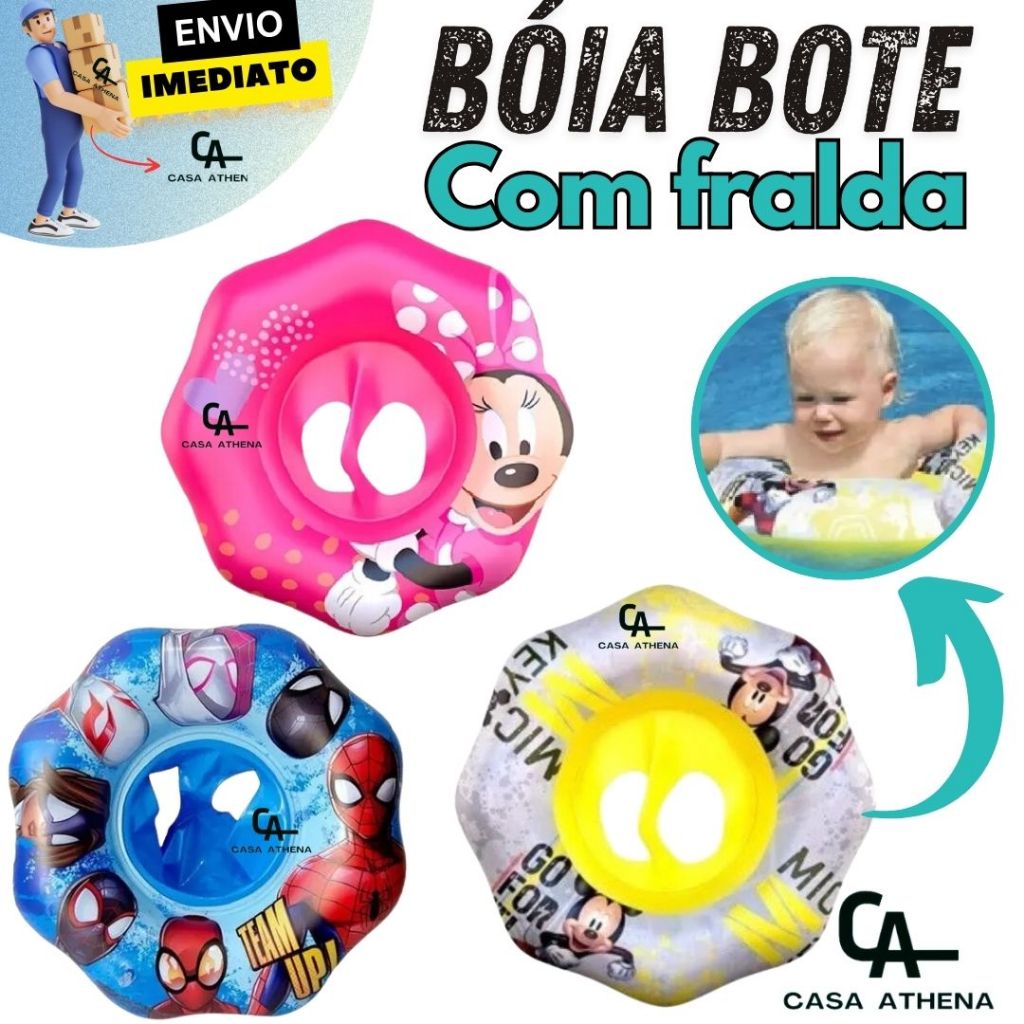 Boia Bote com Fralda Bebe Inflável Infantil Minnie Mickey Homem Aranha Piscina Proteção