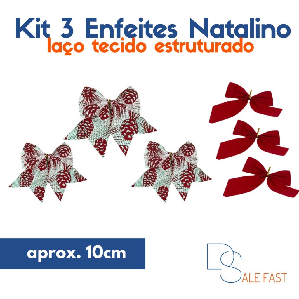 Kit Com Enfeites Natalinos Laços de Natal Veludo e Poliéster Vermelho e Branco Decorado 10cm