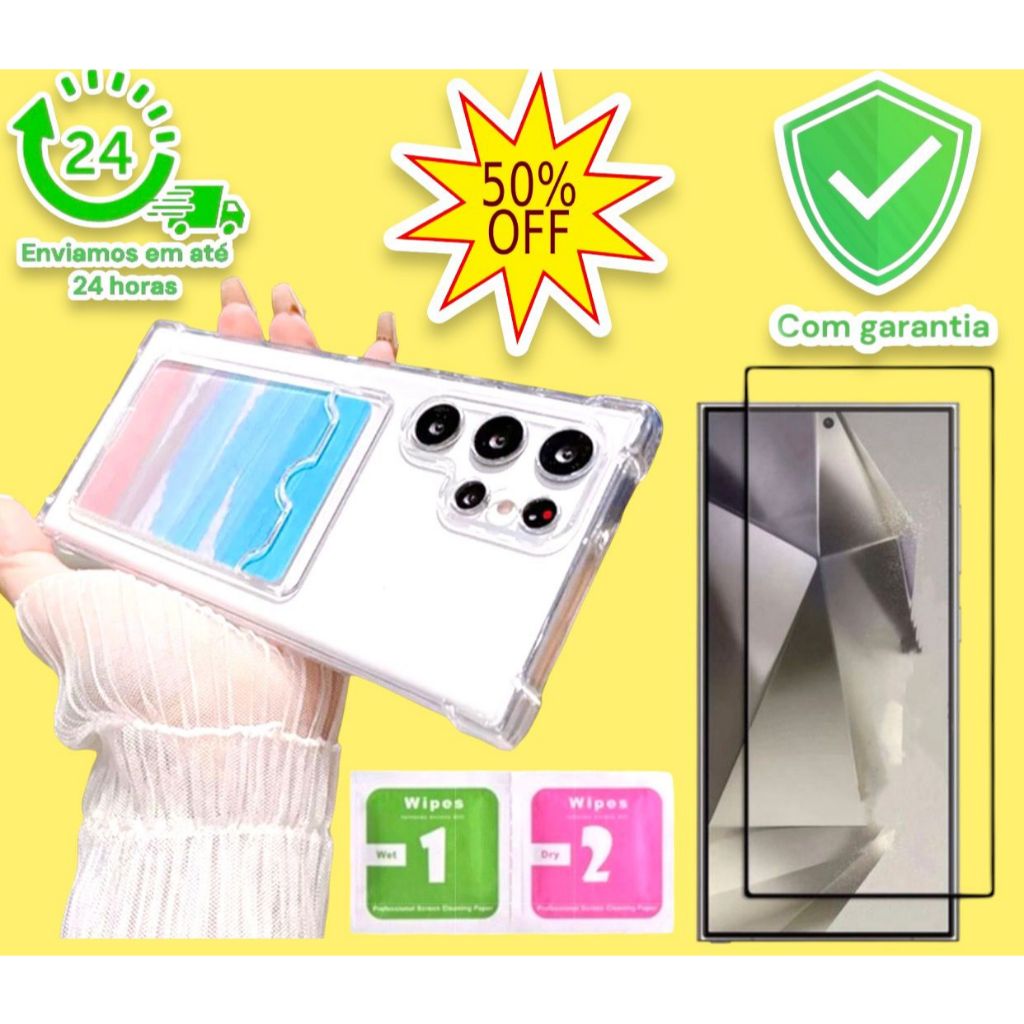Capa + Película Vidro 3d Para Todos Samsung Galaxy Case Anti Impacto Porta Cartão -- Capinha Transparente Cinza A05S A13 4G A14 A15 A24 A25 A34 A35 A53 A54 A55 A73 M53 M54 S20 Fe S1 Fe S22 S22+ S22 Ultra S23 S23 Plus S23 Ultra S23 Fe S24 S24+ S24 Ultra 5G