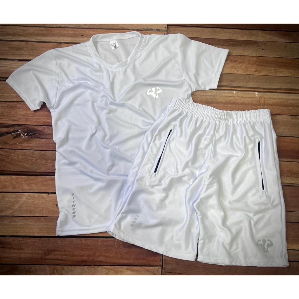 Conjunto Todo Branco Masculino Camiseta e Bermuda Fitness - Pronta Entrega - Envio Imediato Ideal Para Treinar Promoção! em Oferta na Shopee