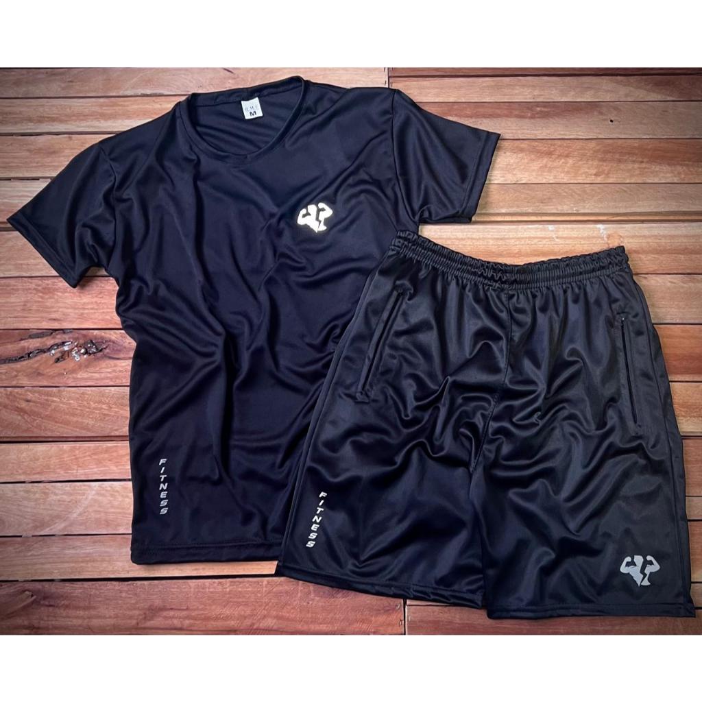 Conjunto Fitness Básico Todo Preto Masculino - Camiseta e Bermuda + Diversas Cores !