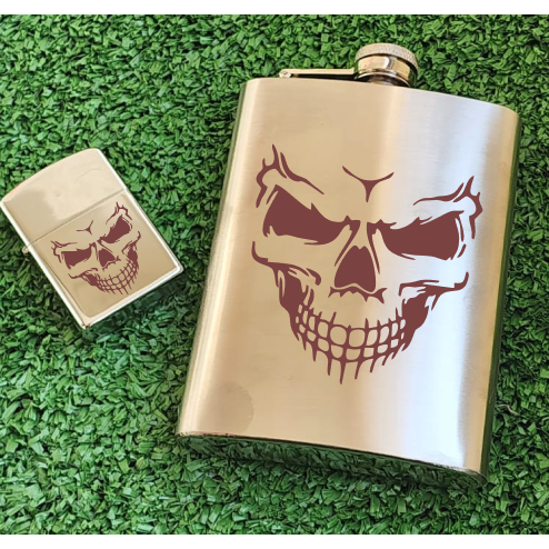 Combo Isqueiro + Cantil 7oz Aço Inox , Isqueiro de Metal, Estilo Zippo, personalização laser NÃO ACOMPANHA O FLUÍDO