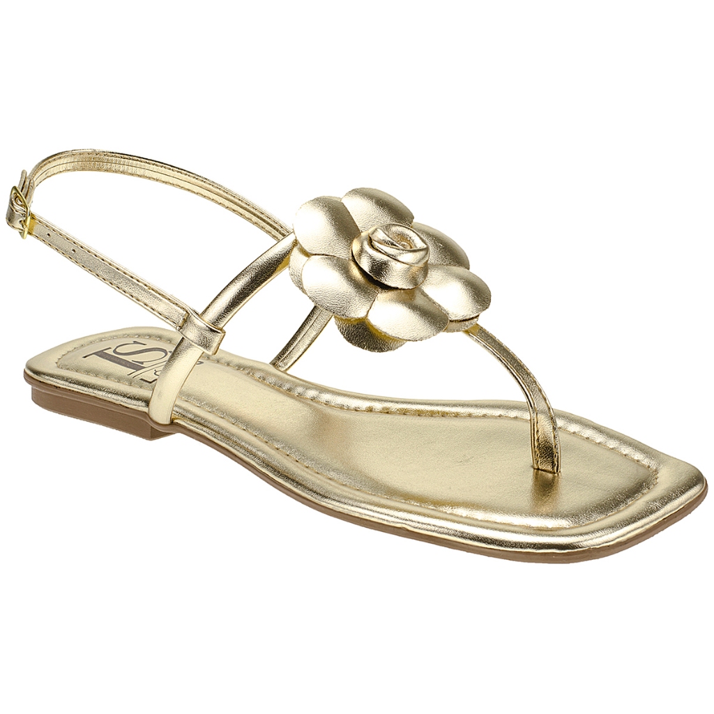 Sandália Rasteirinha com Flor Metalizado Traseiro Ajustável Saltinho Baixo Fivela 033-100