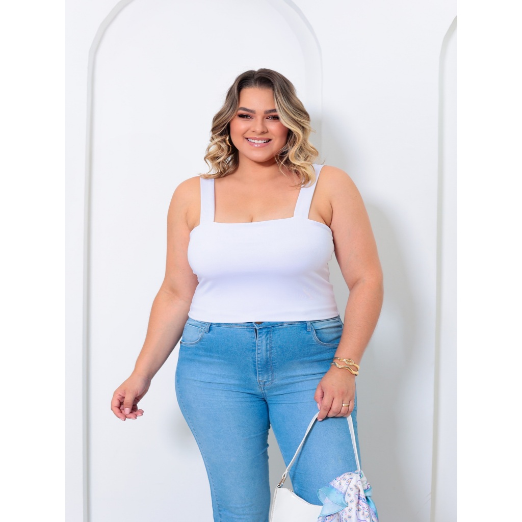 Cropped Plus Size -  Top Branco Alça Grossa Suplex - Moda Plus Size GG ao G3 em Oferta na Shopee