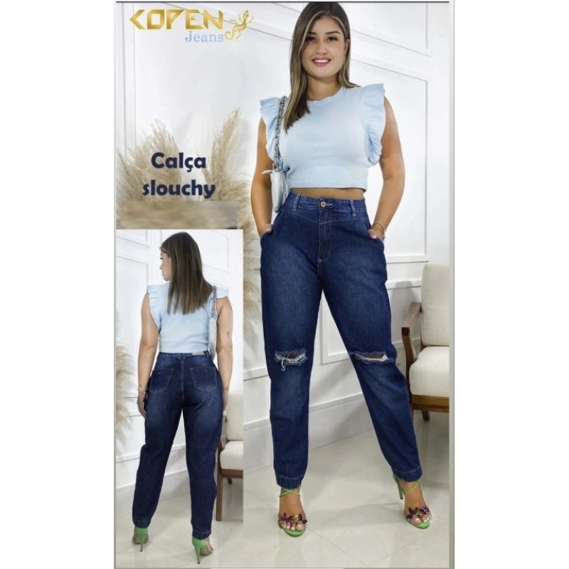 Calça Jeans Feminina Slouchy Sem Elastano Rasgada no Joelho Tam:42/44 - Copen Jeans