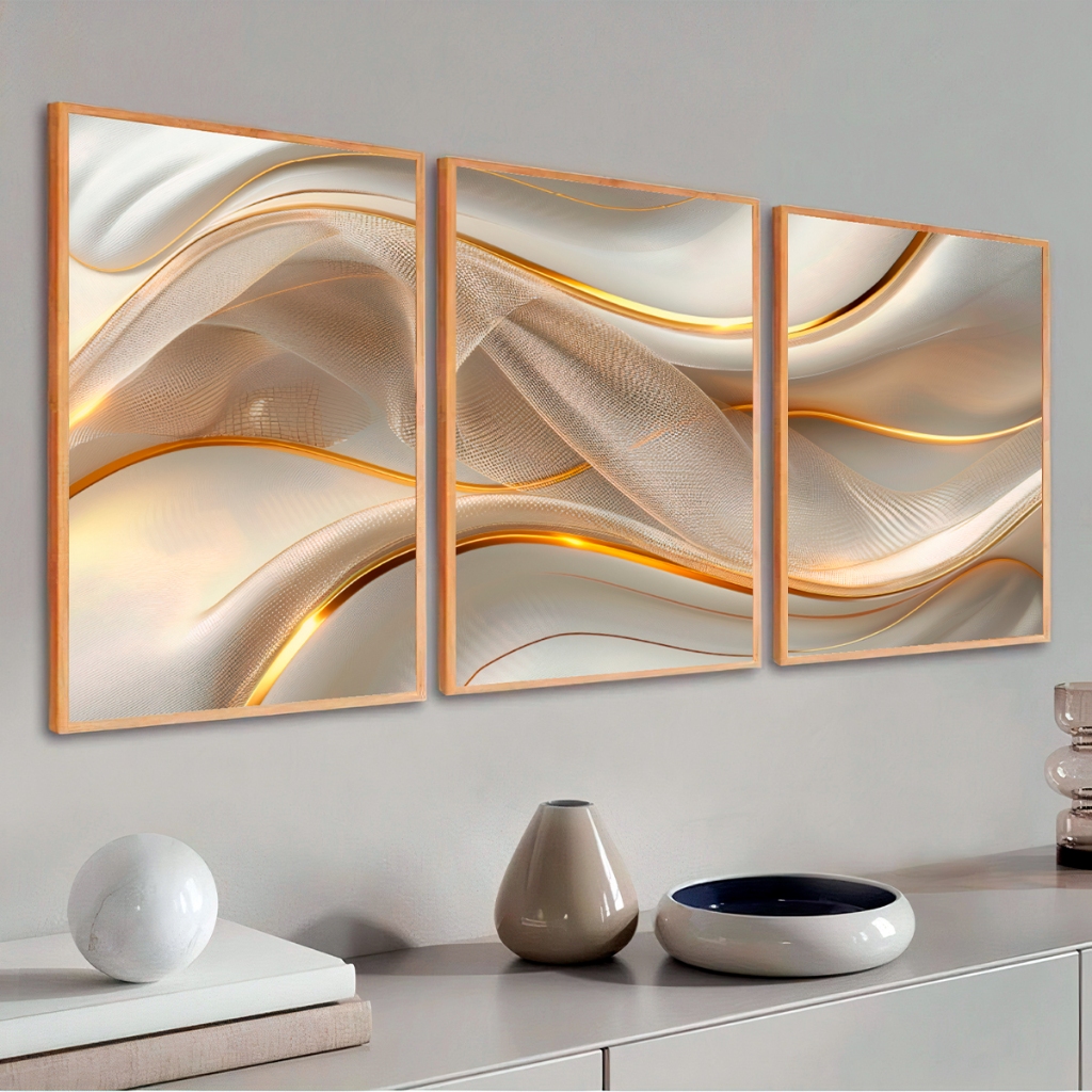 Kit 3 Quadros Arte Exclusiva Branco Ondulado Com Detalhes Dourados para Sala